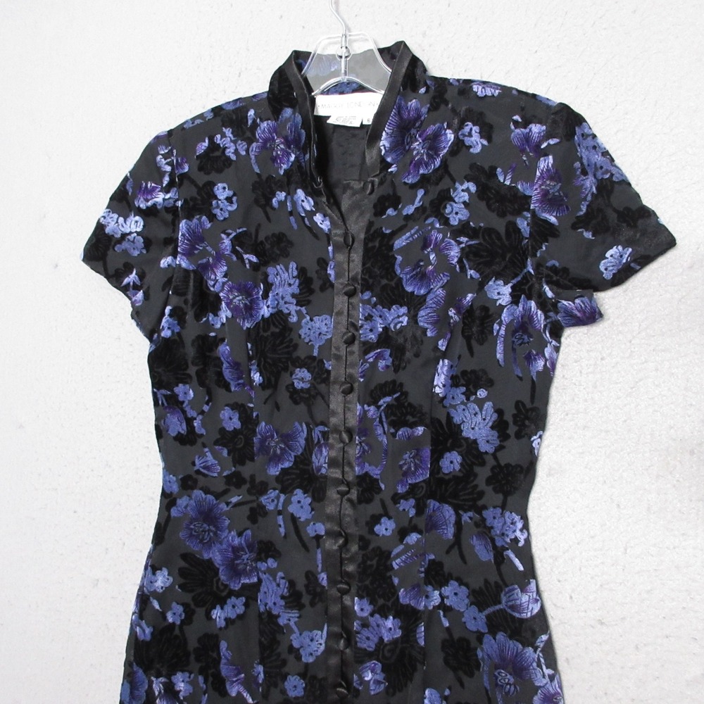 Maggy London Dress 6 Dark Floral Velvet Burnout Mandarin Collar Midi Goth Event